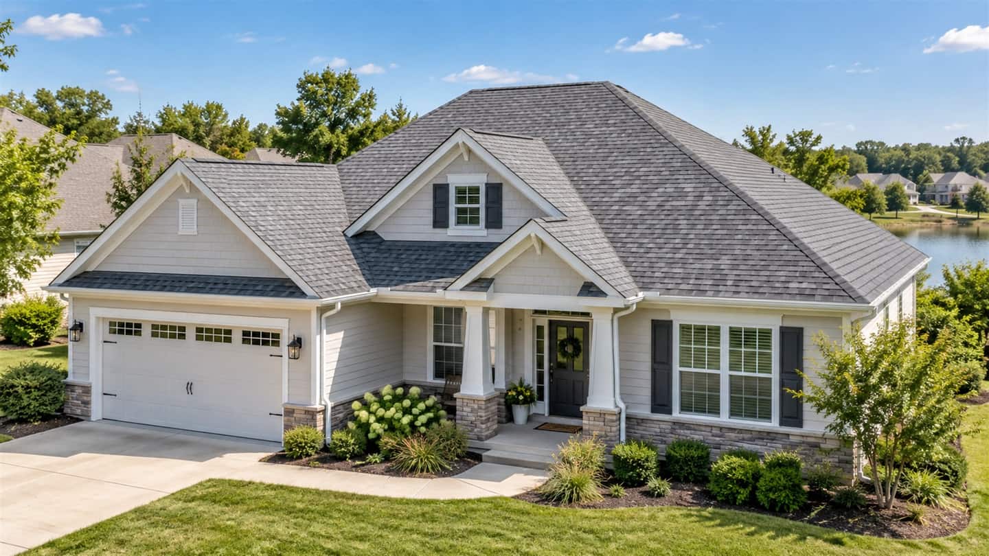 Single-family home with a newly shingled roof on a sunny day